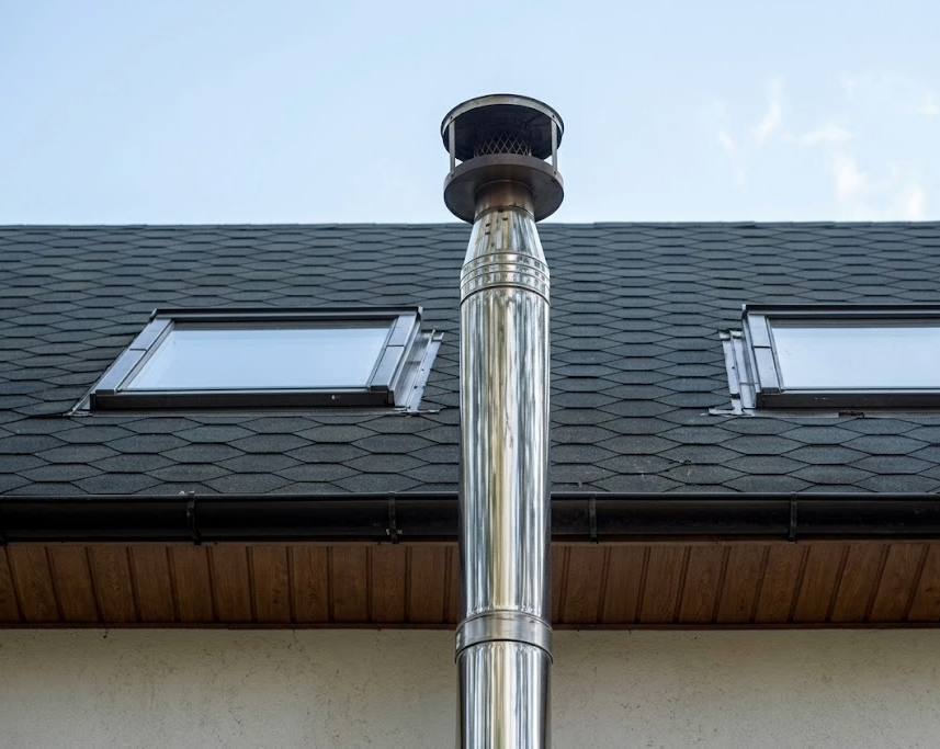Edelstahl-Leichtbauschornstein auf schwarzem Schieferdach mit Dachfenstern