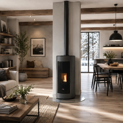 Sleeker Pelletofen in skandinavischem Wohnzimmer
