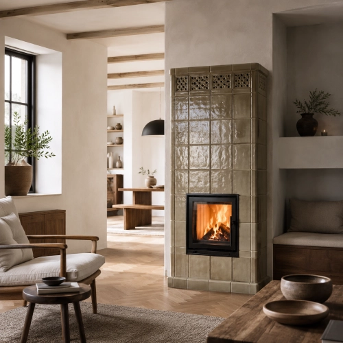 Traditioneller Kachelofen mit warmem Tiledesign in modernem Wohnraum