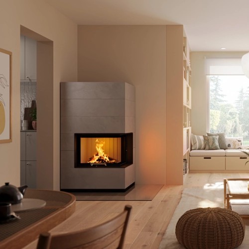 Spartherm SIM Varia 2Rh-H2O Systemkamin als eleganter Raumteiler in hellem Wohnraum