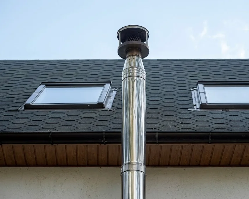 Edelstahl-Leichtbauschornstein auf schwarzem Schieferdach mit Dachfenstern