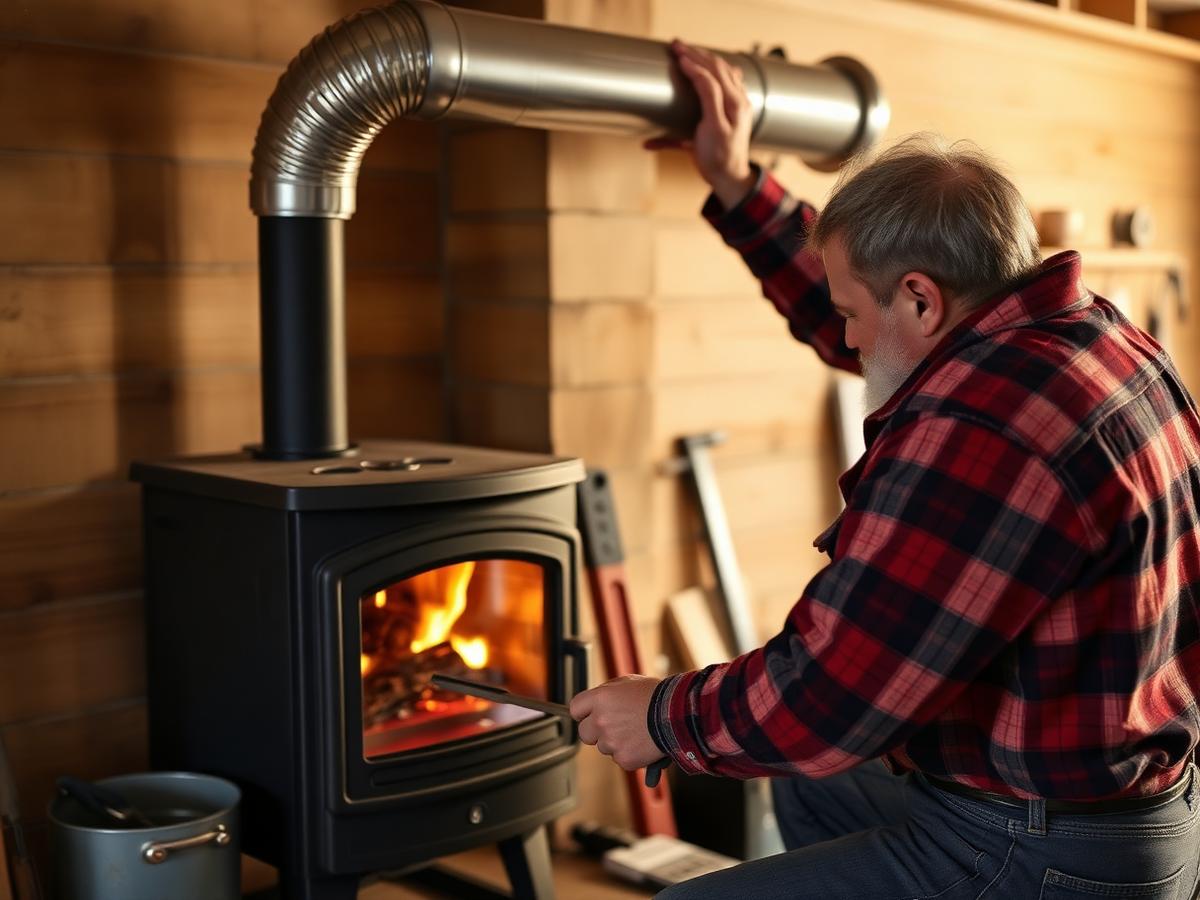 Handwerker beim Anschließen eines modernen Holzofens